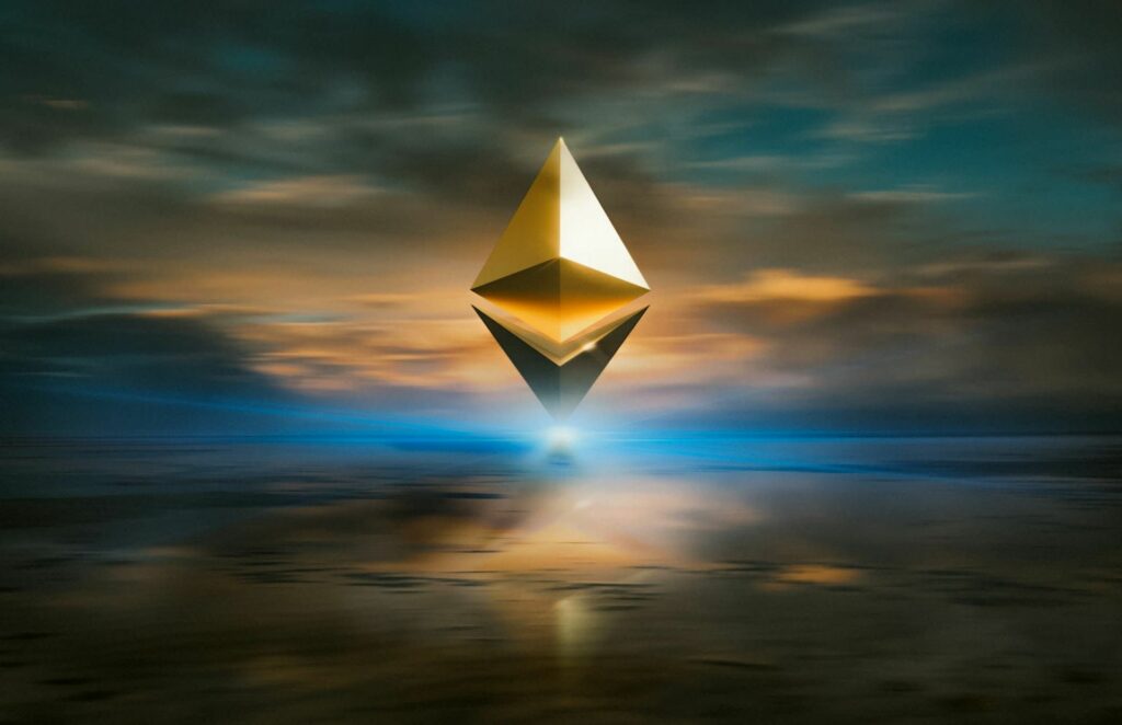 Logo Ethereum sur fond de paysage abstrait symbolisant la blockchain