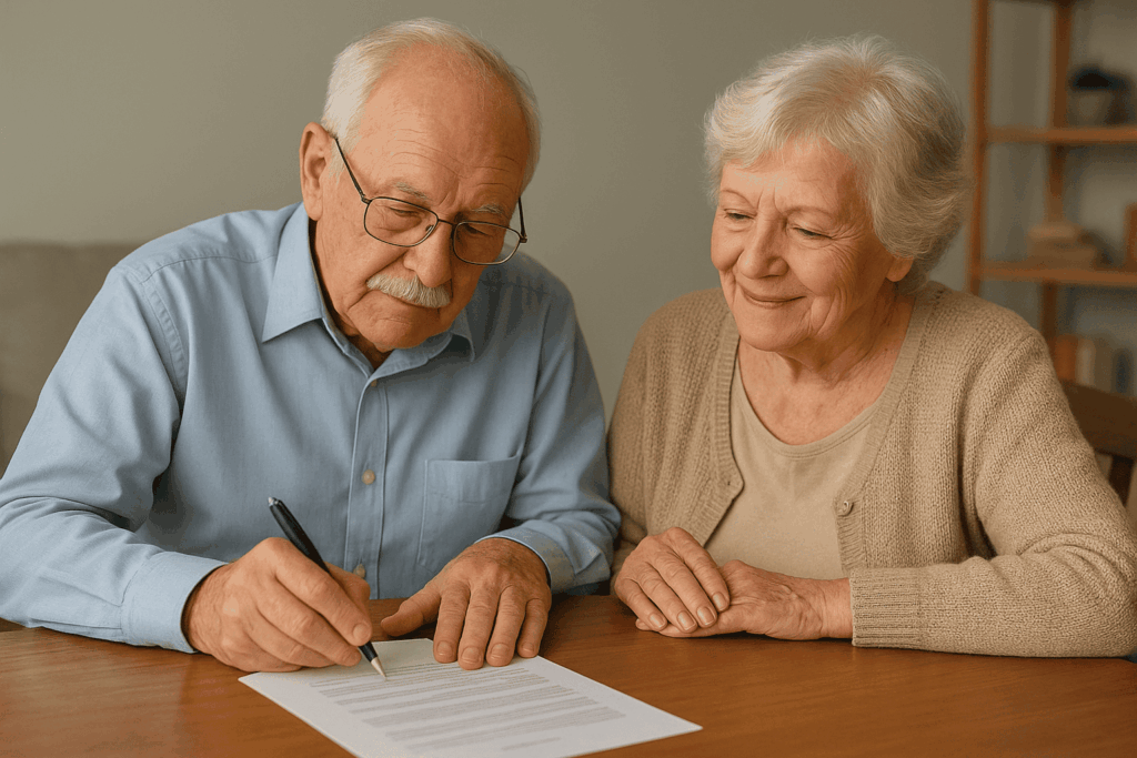Couple de retraités signant un contrat de Plan Épargne Retraite avec un conseiller financier
