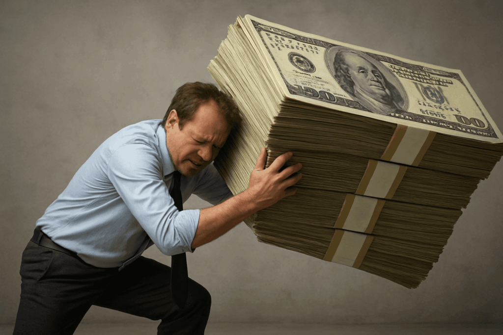 Propriétaire luttant contre une liasse de billets symbolisant l'endettement lié à la hausse des taux de crédit