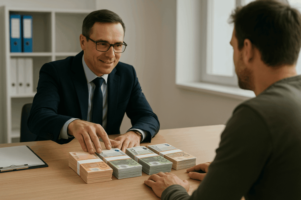 Banquier accordant un crédit travaux pour rénovation énergétique à un client