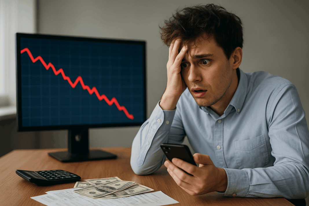 Investisseur débutant stressé face à ses pertes boursières sur son ordinateur