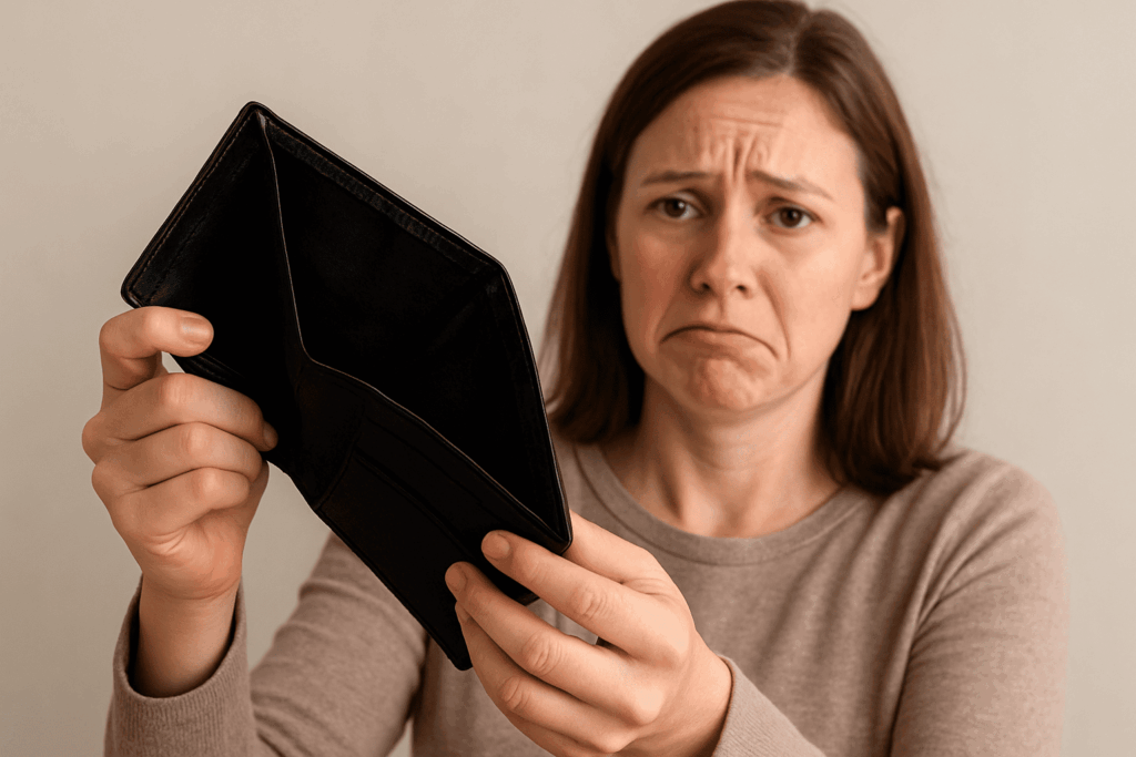 Femme inquiète tenant un portefeuille vide symbolisant les difficultés financières liées au découvert autorisé
