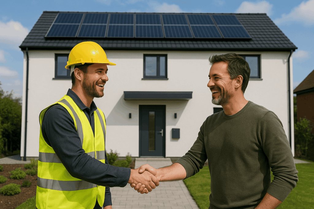 Propriétaire et chef de chantier satisfaits après rénovation énergétique réussie