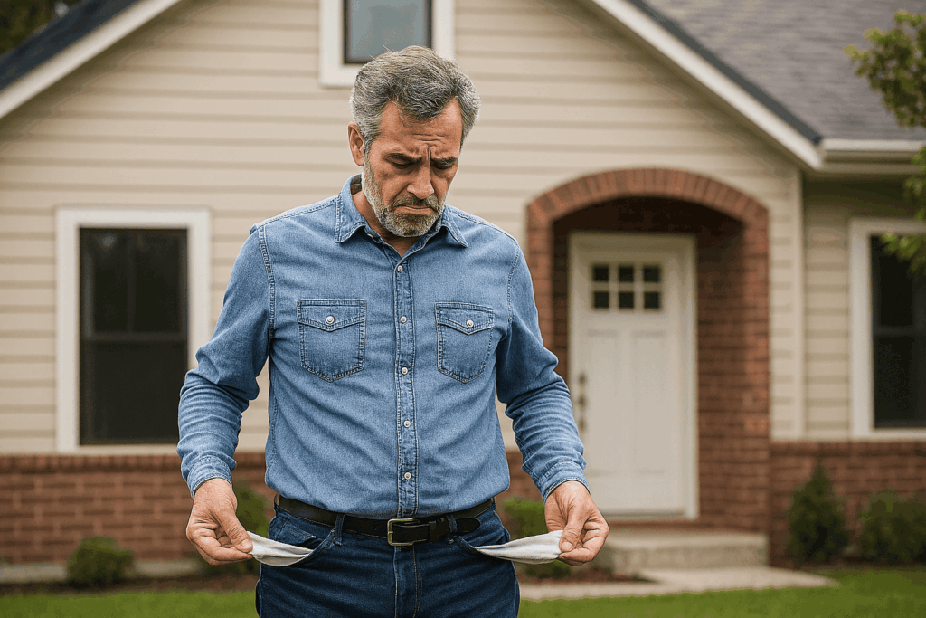Propriétaire inquiet montrant ses poches vides devant sa maison à cause de la hausse des taux immobiliers
