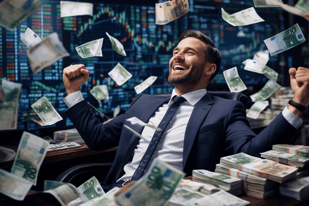 Trader expérimenté célébrant ses gains boursiers avec billets d'euros