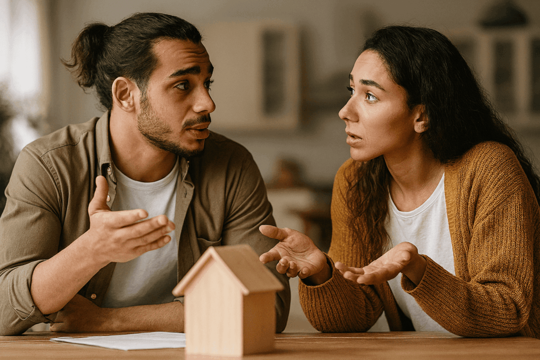 Jeune couple discutant de leur projet d'accession à la propriété face aux nouveaux taux immobiliers 2025