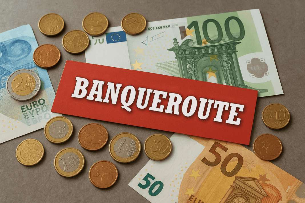 Pièces et billets avec étiquette rouge banqueroute illustrant les coûts élevés du découvert bancaire