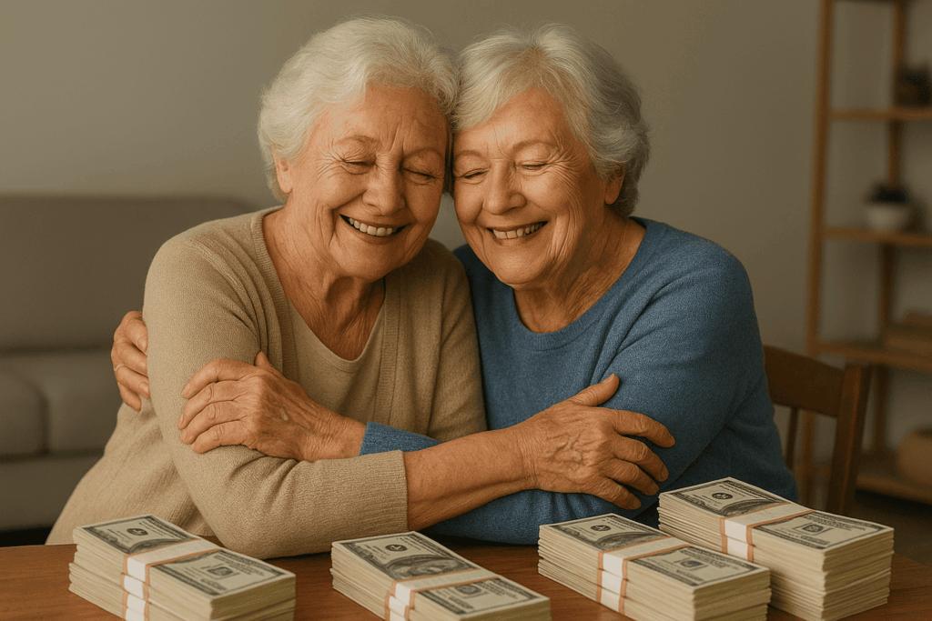 Seniors heureux entourés d'argent symbolisant les économies fiscales du PER