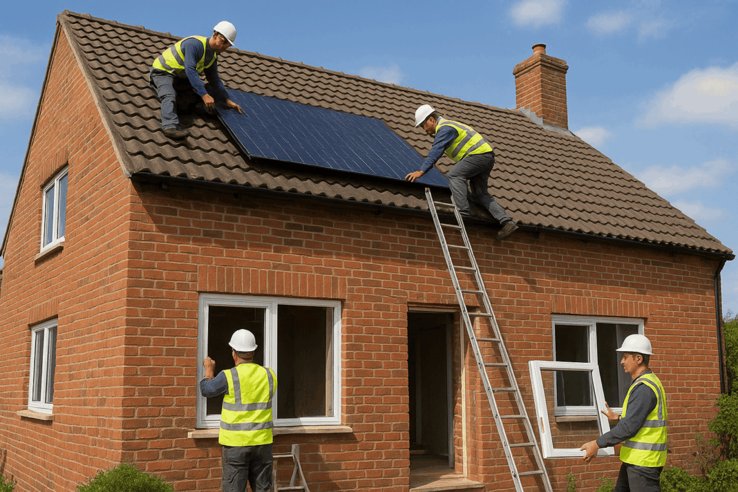 Ouvriers réalisant des travaux de rénovation énergétique : isolation et panneaux photovoltaïques
