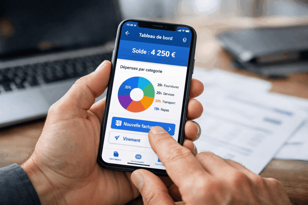 Auto-entrepreneur utilisant application mobile de néobanque professionnelle pour gérer son compte et sa facturation