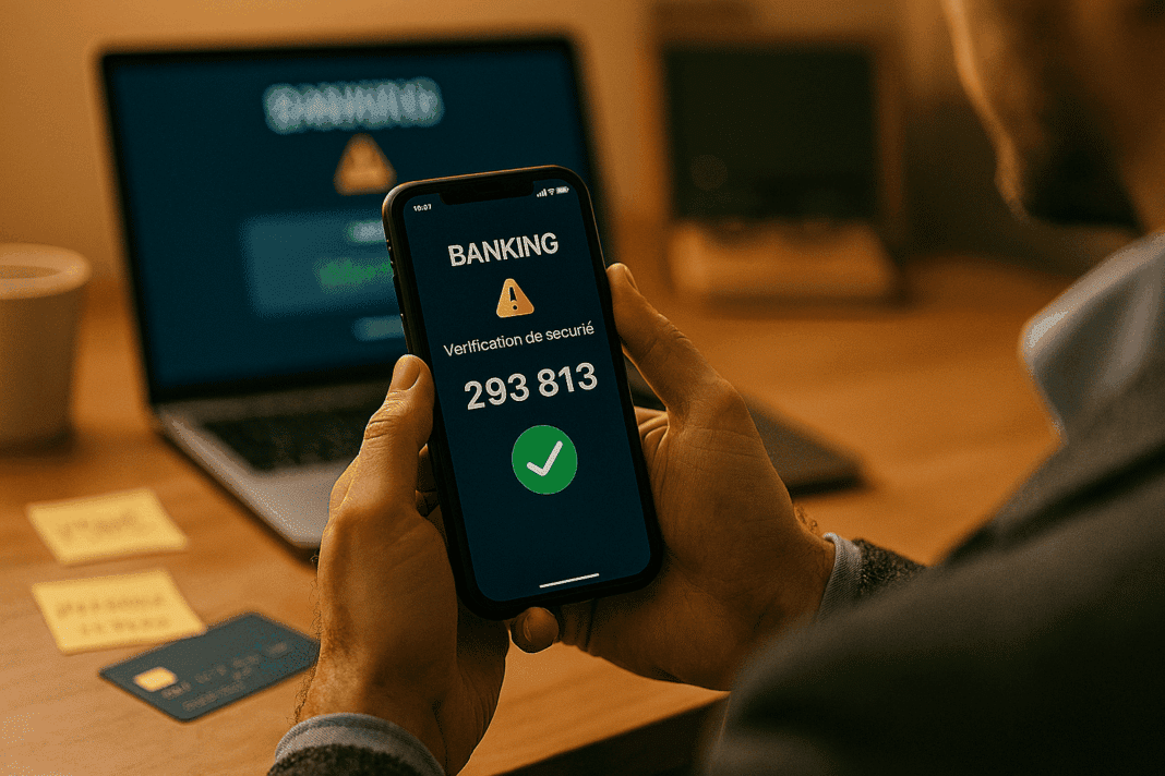 Mains tenant smartphone avec authentification double facteur activée application bancaire sécurisée