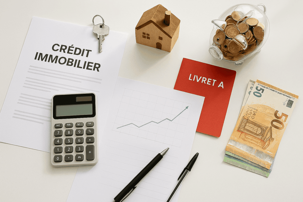 Comparaison visuelle entre documents de crédit immobilier et produits d'épargne sur un bureau moderne