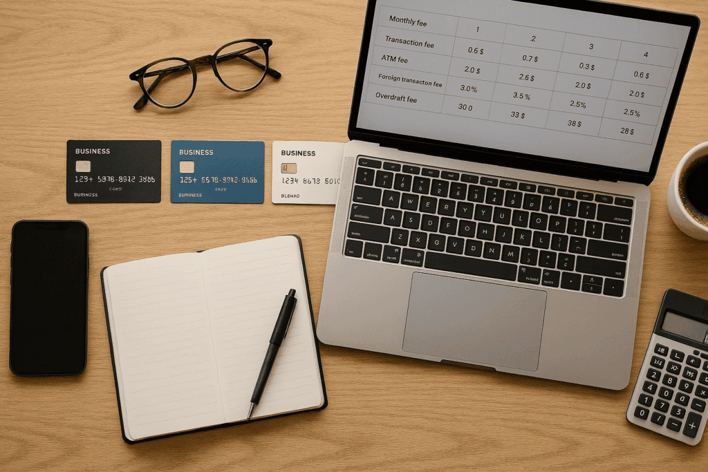 Comparaison de trois cartes bancaires professionnelles de néobanques avec tableau comparatif sur ordinateur portable
