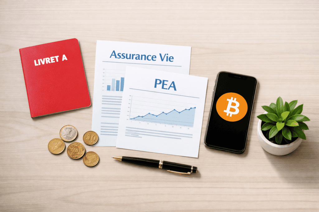 Diversification d'un portefeuille d'épargne français avec livrets, assurance vie et cryptomonnaies