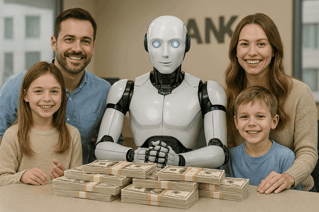 Famille heureuse accompagnée d'un conseiller bancaire IA devant une pile de billets en agence