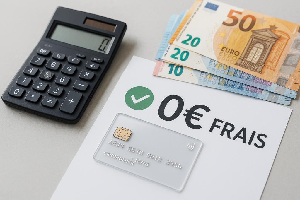 Illustration des frais bancaires gratuits avec calculatrice, euros et mention 0€ de frais
