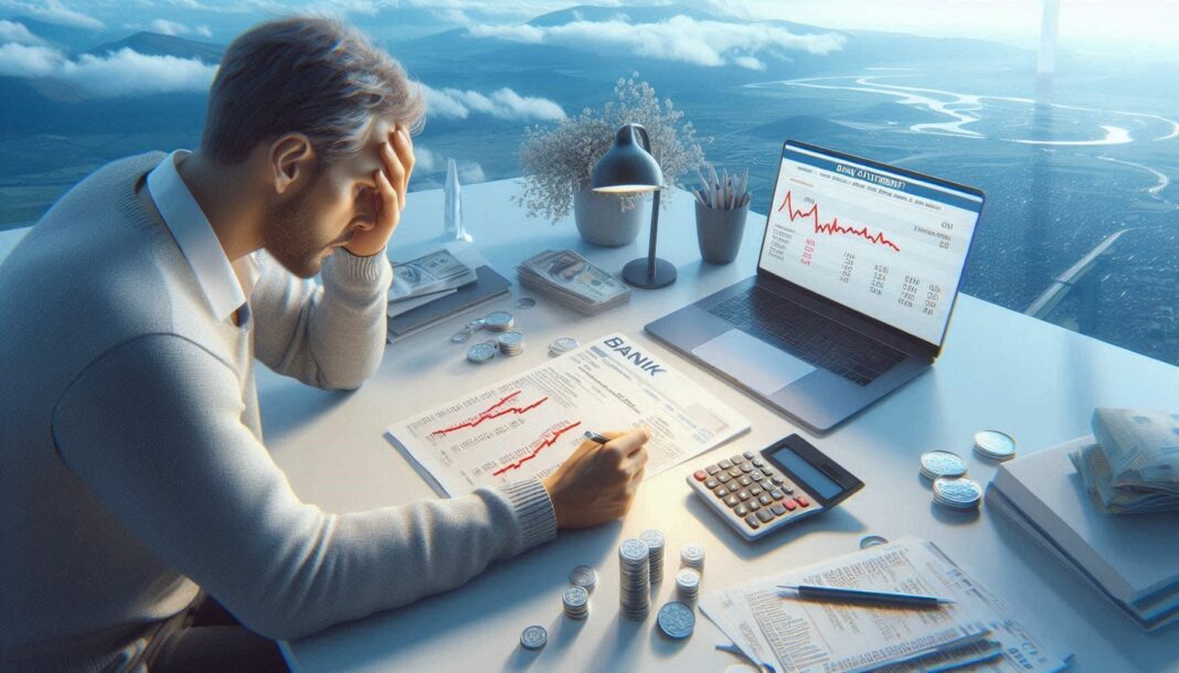 Personne analysant des frais bancaires sur relevé avec calculatrice et ordinateur