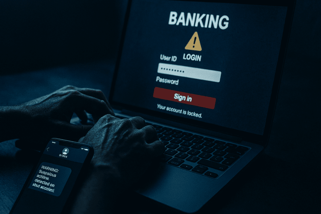 Personne consultant un email de phishing bancaire sur ordinateur avec smartphone affichant alerte fraude