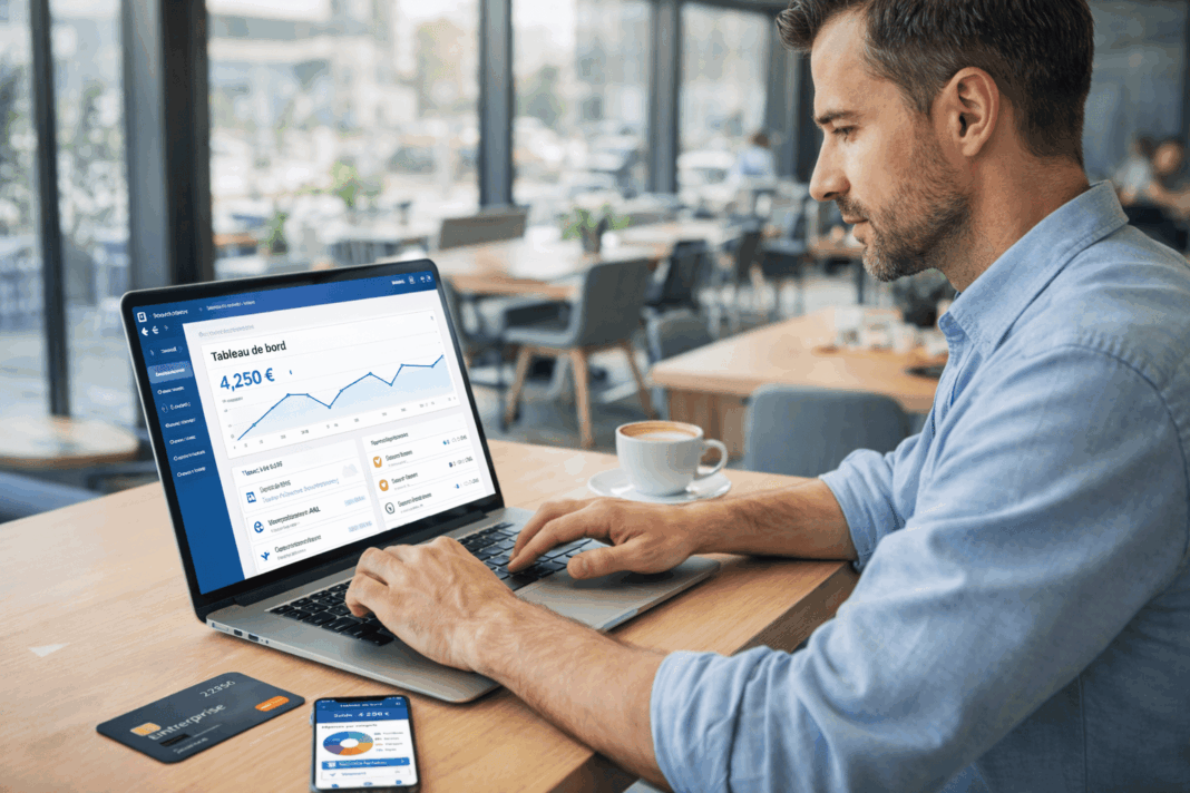 Auto-entrepreneur consultant une interface de néobanque professionnelle sur ordinateur portable dans un café moderne