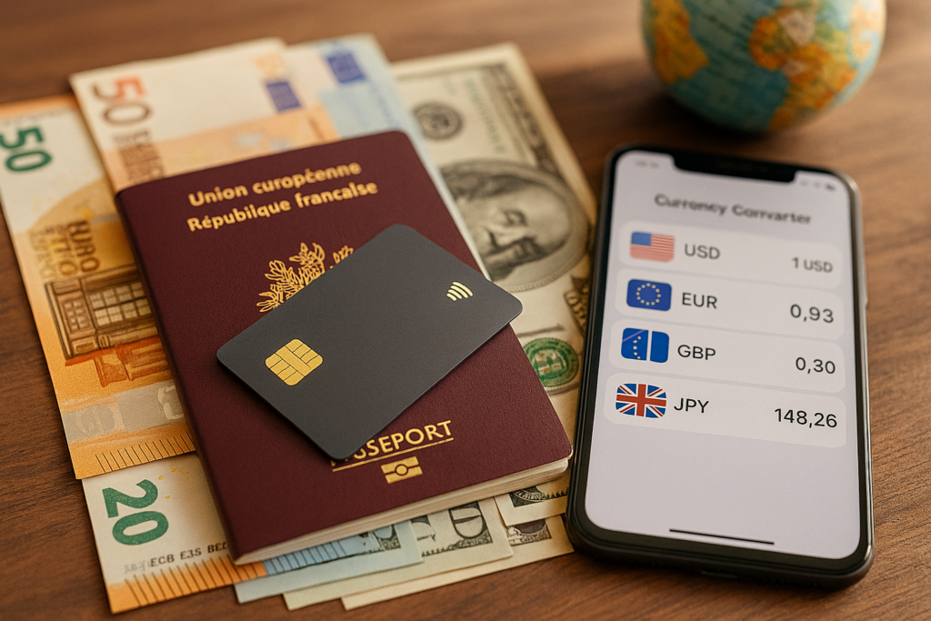 Passeport, carte bancaire et devises internationales illustrant les paiements à l'étranger