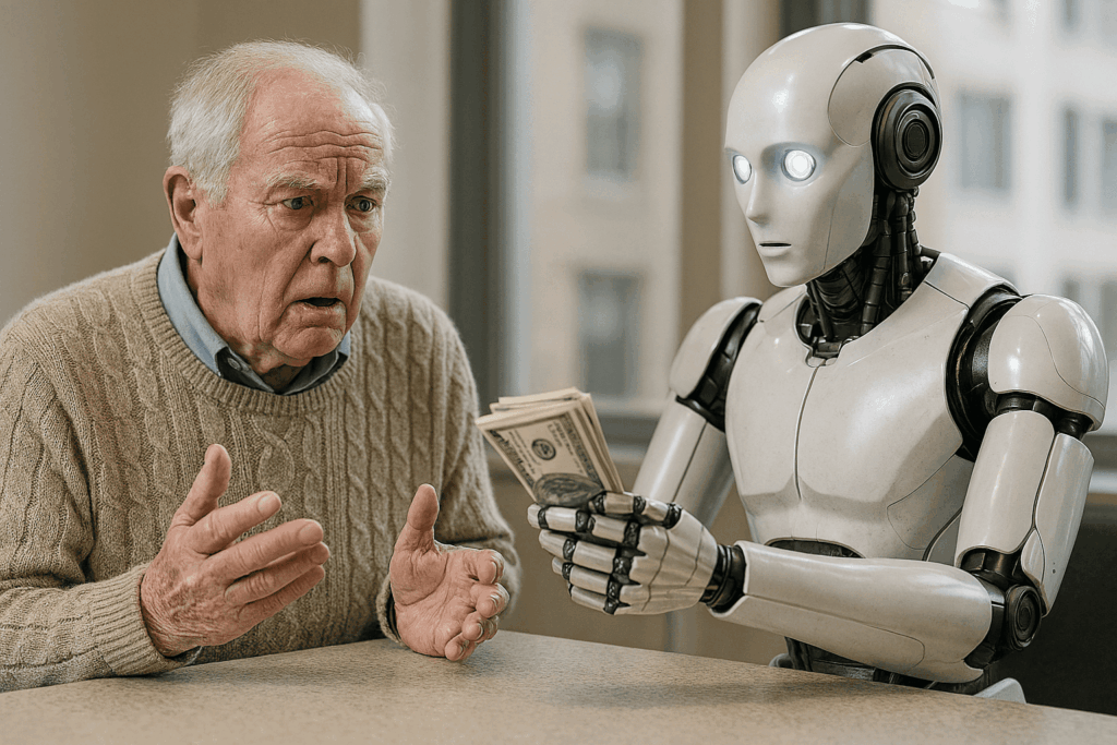 Personne âgée décontenancée face à un robot bancaire IA tenant des billets dans un environnement moderne