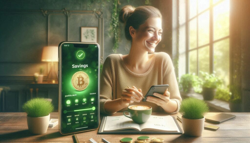 Personne satisfaite consultant son application bancaire après réduction des frais