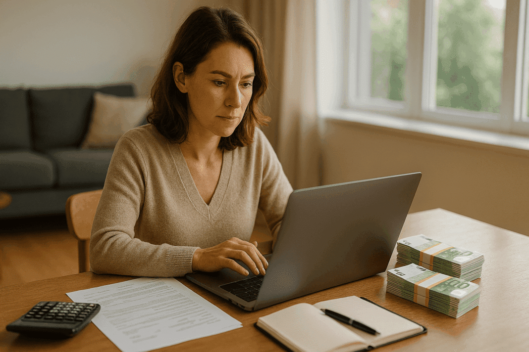 Femme réfléchissant à sa stratégie financière entre remboursement de crédit et épargne avec documents bancaires et calculatrice