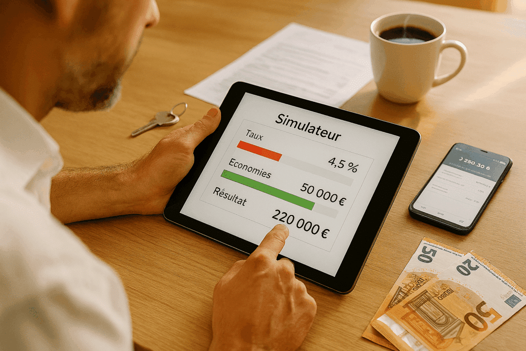 Homme utilisant un simulateur financier sur tablette pour calculer les gains d'un remboursement anticipé de crédit