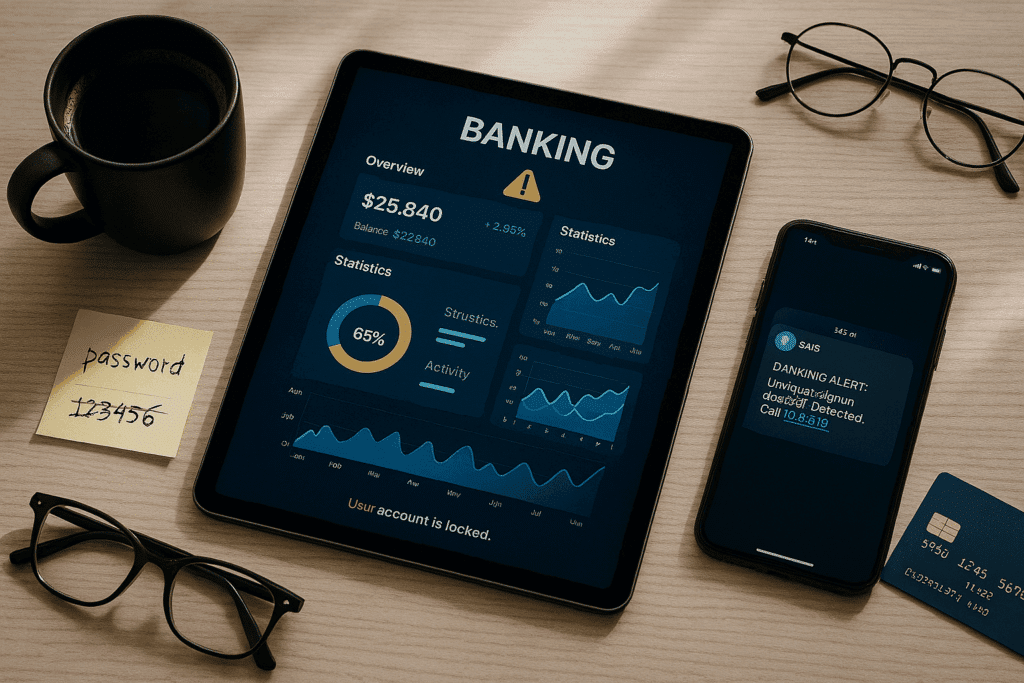 Bureau avec tablette affichant statistiques fraudes bancaires smartphone SMS frauduleux et carte bancaire