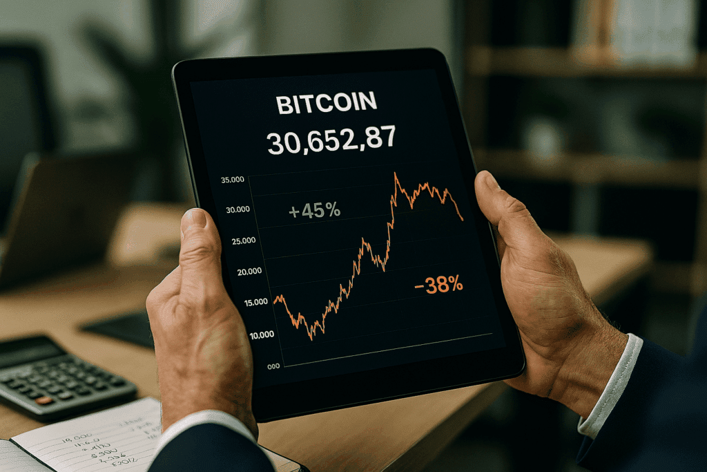 Graphique de volatilité du Bitcoin montrant des variations importantes de prix pour illustrer les risques crypto