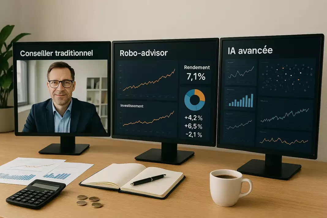 IA et investissement : Trois écrans d'ordinateur comparant conseil traditionnel, robo-advisor et gestion pilotée par IA