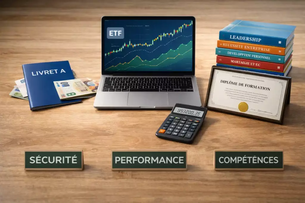 Comparaison visuelle entre livret bancaire, investissement boursier et formation professionnelle