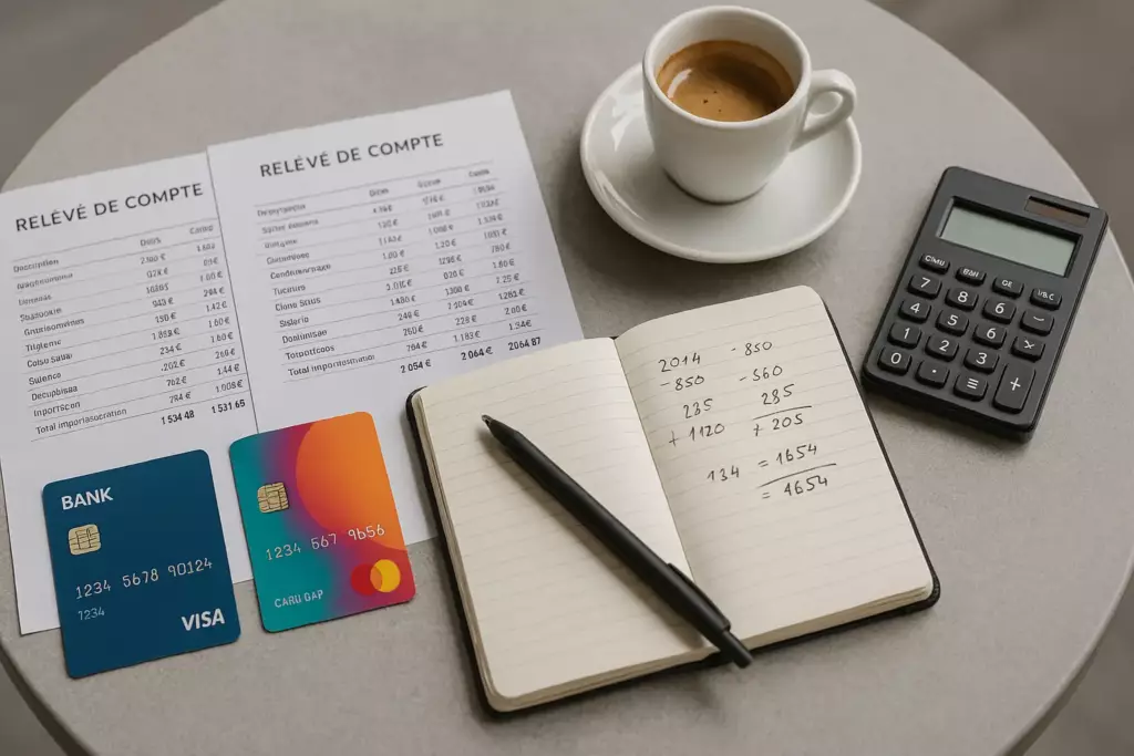 Frais bancaires 2026 et comparaison cartes bancaires traditionnelle et néobanque avec relevés de compte et calculs d'économies sur table