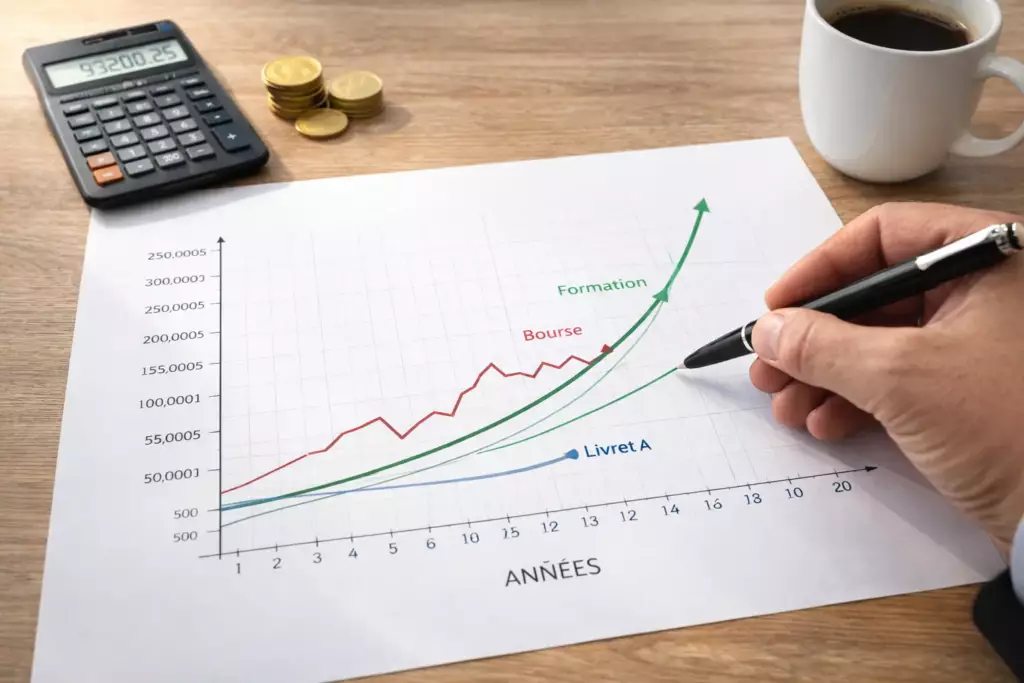 Main traçant courbes de croissance sur graphique comparant placements à long terme : épargner 50 euros par mois
