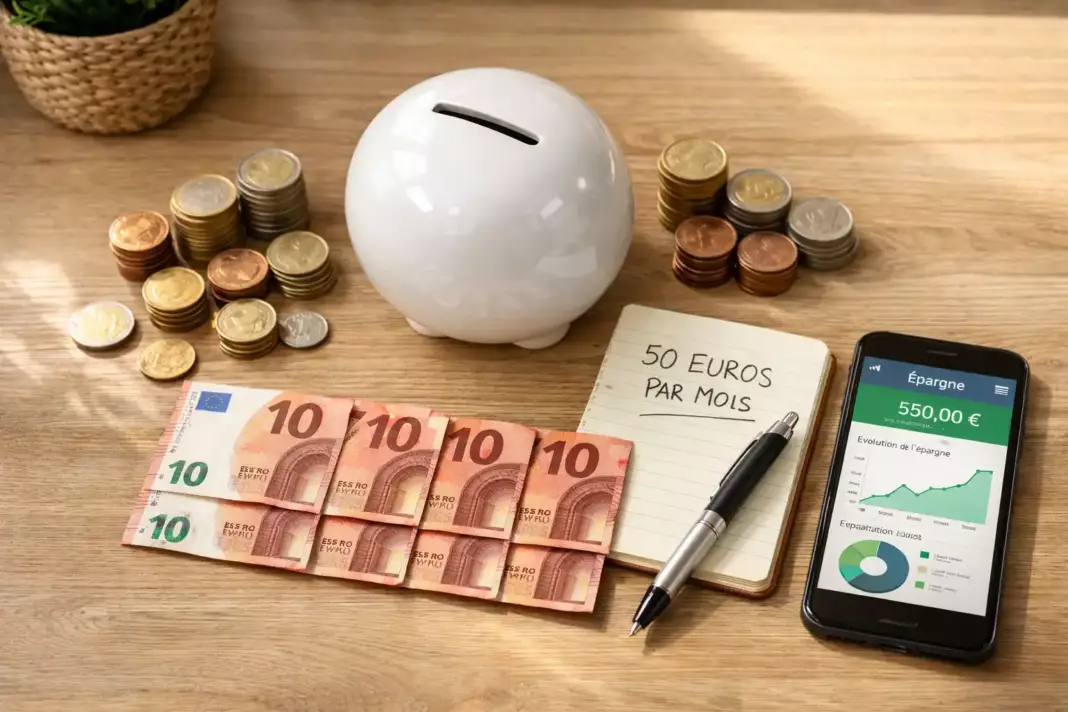 Épargner 50 euros par mois : Tirelire entourée de pièces et billets de 50 euros avec carnet d'épargne mensuelle
