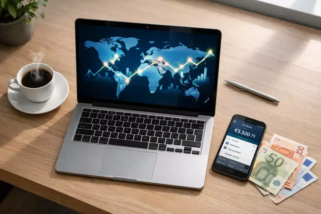 Bureau avec ordinateur affichant graphiques ETF monde et application bancaire