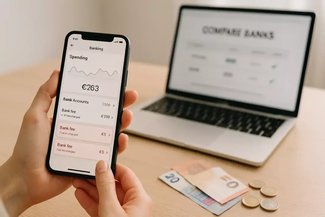 Frais bancaires 2026 : main tenant smartphone affichant application bancaire avec frais et graphiques de dépenses en euros sur bureau moderne