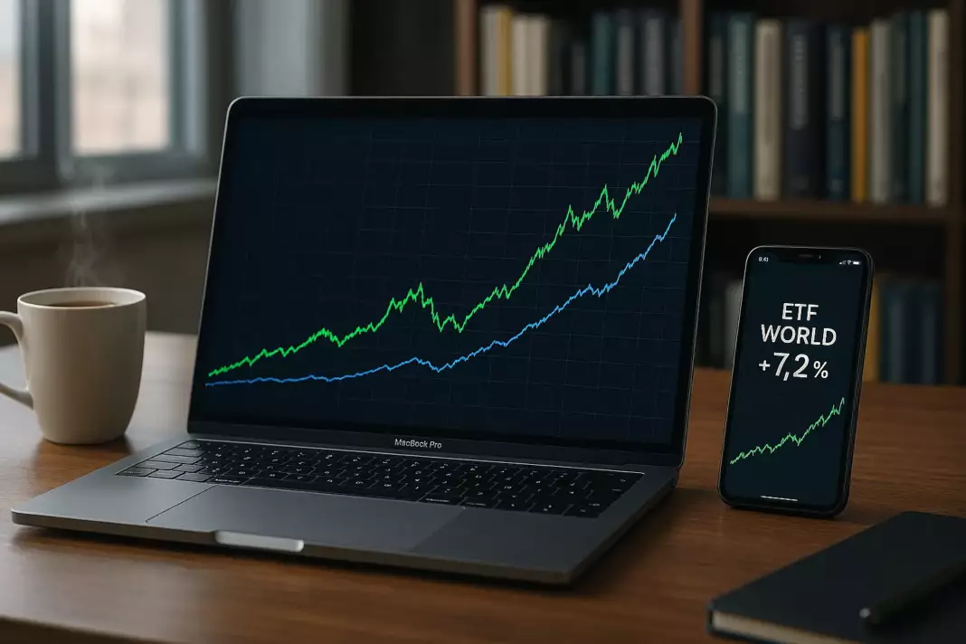 Actions et ETF 2026 Bureau moderne avec ordinateur affichant graphiques boursiers, smartphone montrant application de trading ETF, et tasse de café