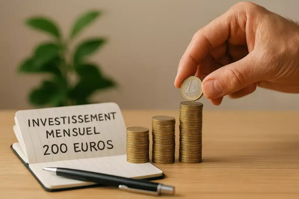 Main empilant des pièces d'euros en colonnes croissantes avec carnet d'investissement
