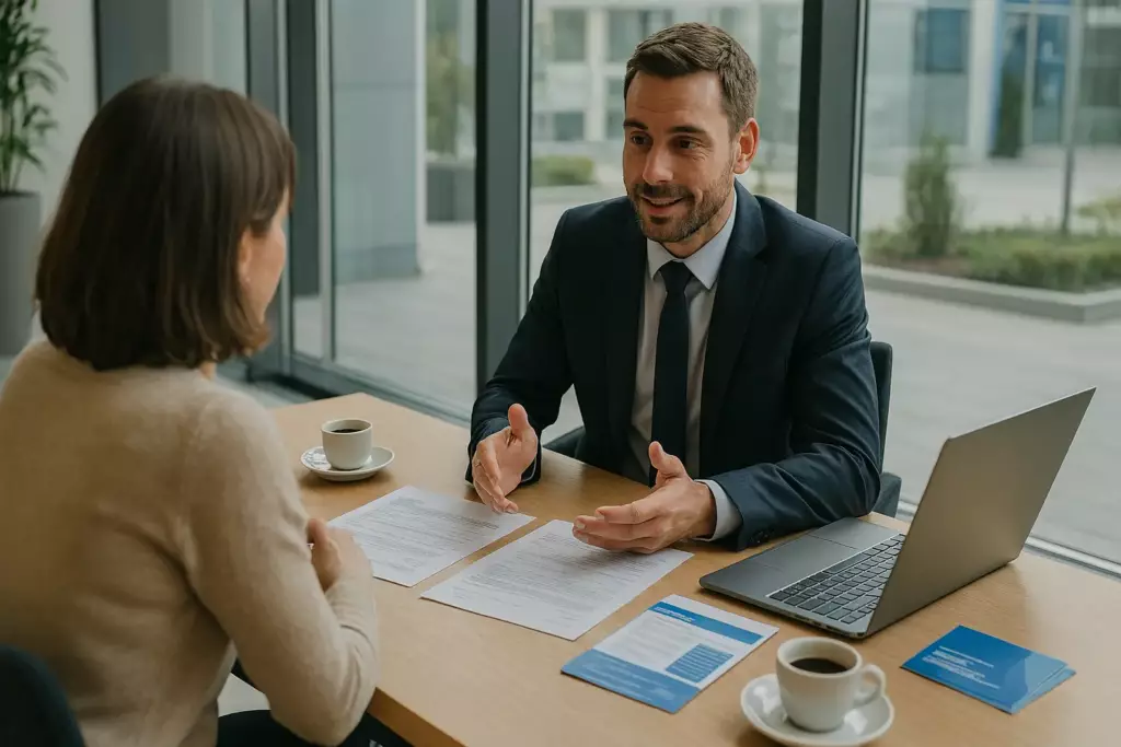 Rendez-vous conseiller bancaire client négociation frais agence moderne professionnelle