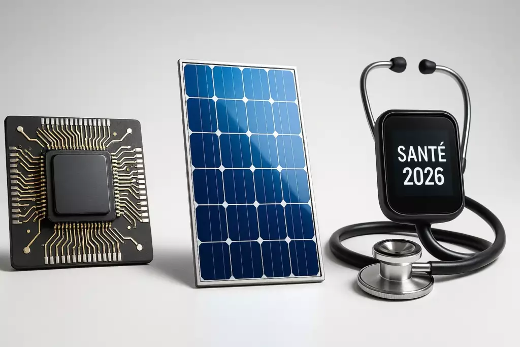 actions et ETF 2026 : puce électronique tech IA, panneau solaire énergies renouvelables, stéthoscope médical high-tech - secteurs investissement 2026