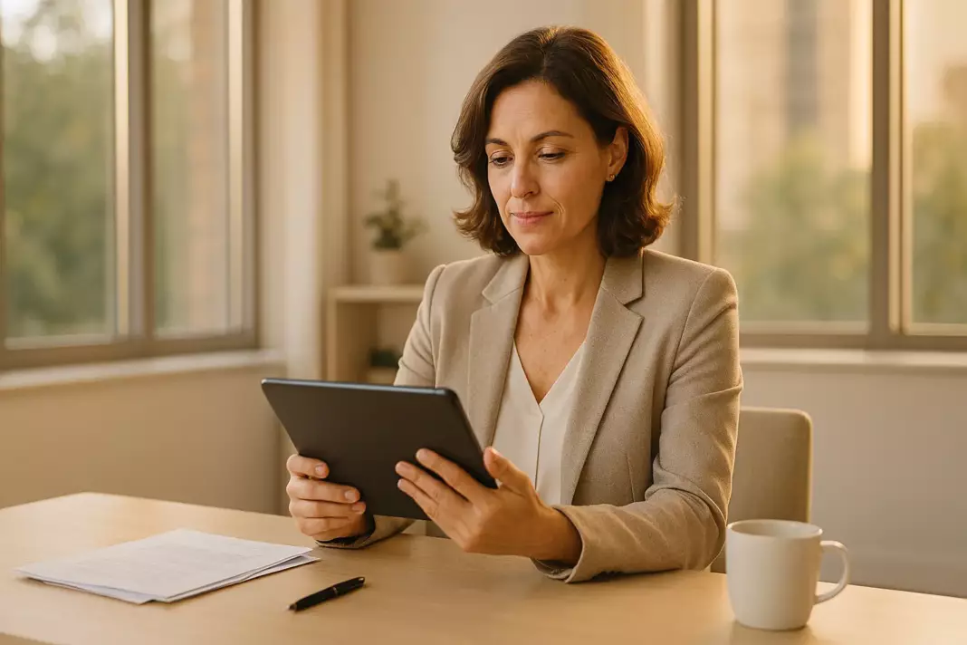 Meilleure assurance-vie 2026 : Femme consultant son contrat d'assurance-vie sur tablette dans un bureau lumineux