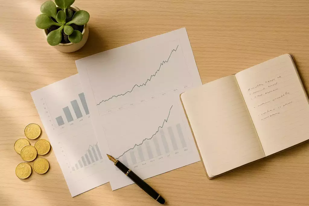 Meilleure assurance-vie 2026 : Documents financiers et pièces dorées sur une table en bois, planification d'une assurance-vie