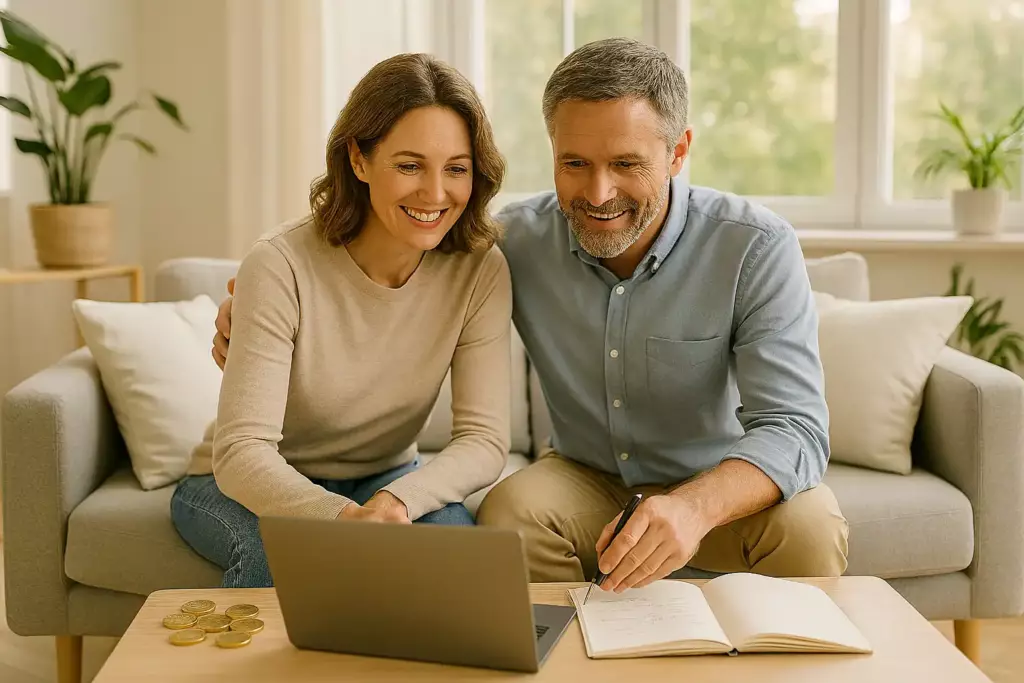 Meilleure assurance-vie 2026 : couple souriant ouvrant une assurance-vie en ligne sur ordinateur portable dans un salon moderne