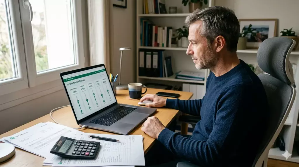 automatiser epargne banque : homme configurant automatisations bancaires sur ordinateur
