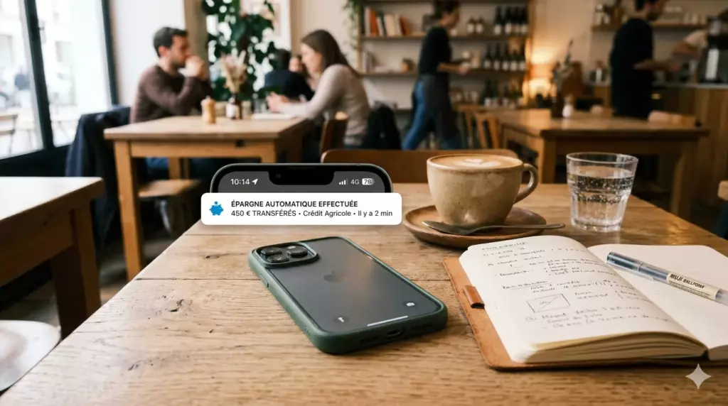 automatiser epargne banque : notification épargne automatique sur smartphone posé