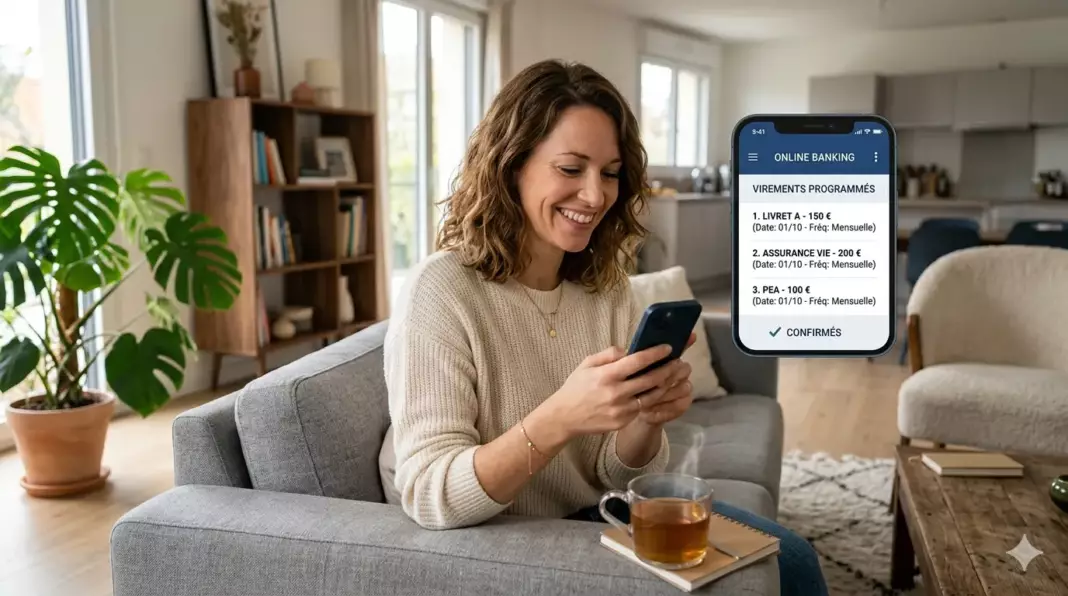automatiser epargne banque : femme configurant virements automatiques sur smartphone
