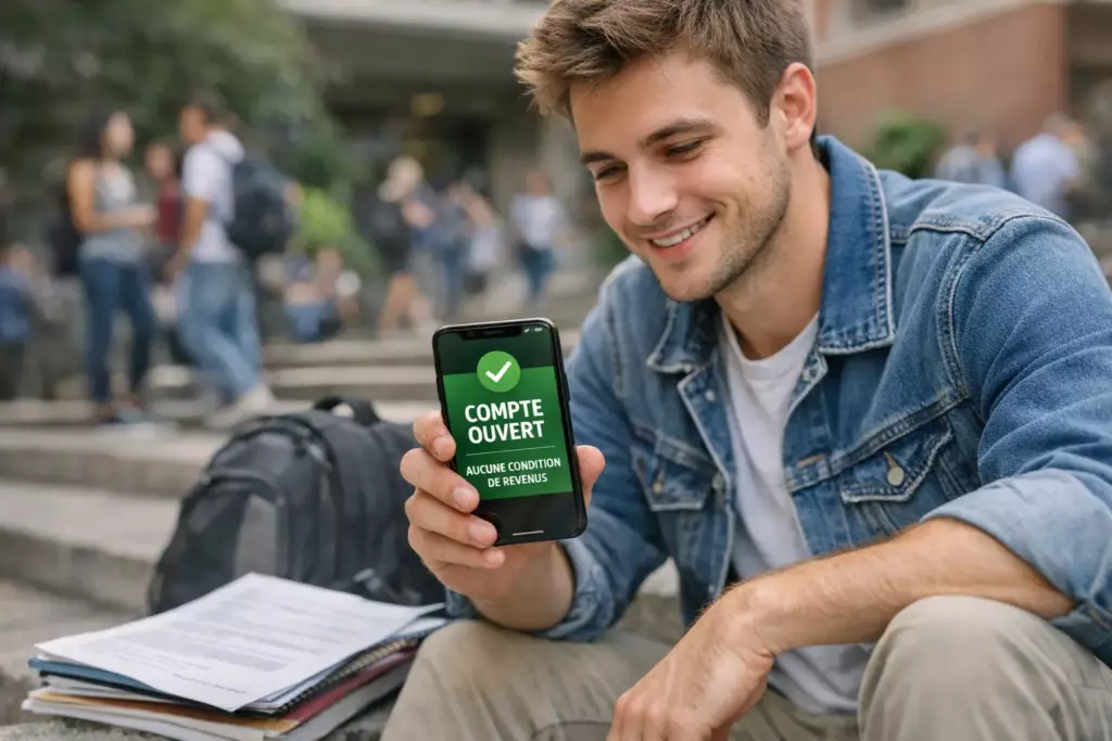 banque en ligne sans condition revenus : un étudiant reçoit une confirmation d'ouverture de compte sans conditions sur son smartphone