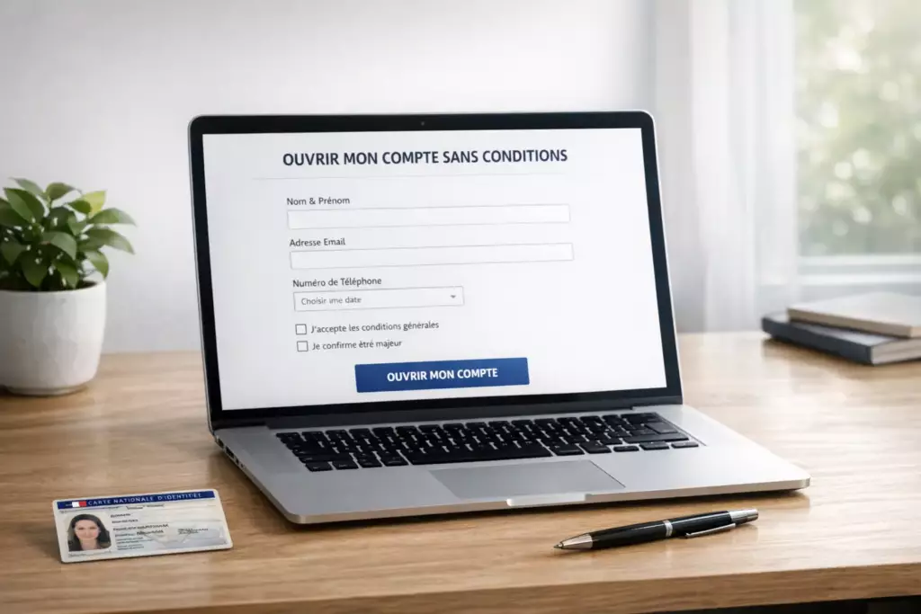 banque en ligne sans condition revenus : formulaire d'ouverture de compte en ligne sans conditions affiché sur un ordinateur avec carte d'identité