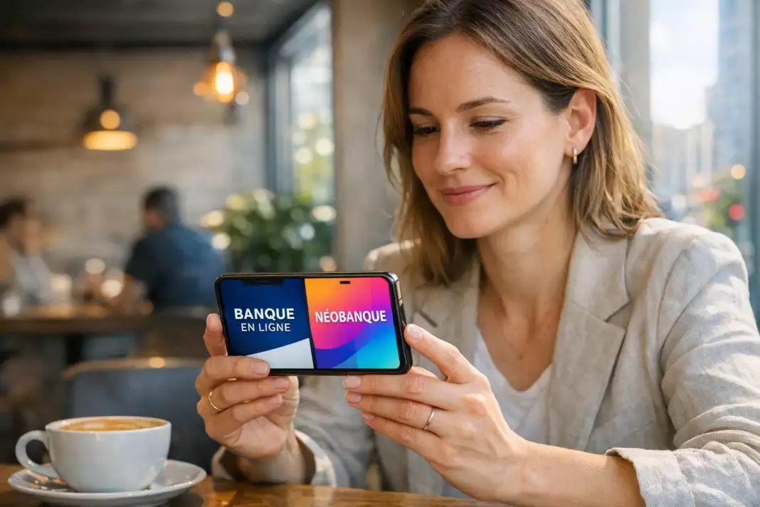 Banque en ligne ou néobanque : Une femme compare une banque en ligne et une néobanque sur son smartphone dans un café